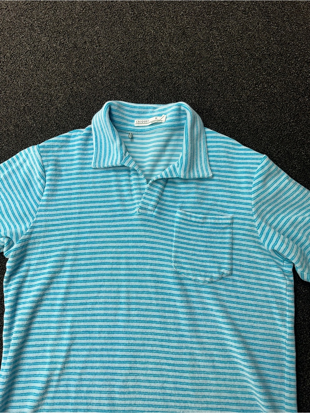 Criquet Polo Shirt Mens M White/ Blue Striped Terry Cloth Cotton Chest Pocket